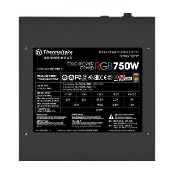 Блок питания Thermaltake ATX 750W Toughpower Grand RGB 80+ gold (24+4+4pin) APFC 140mm fan color LED 9xSATA Cab Manag RTL