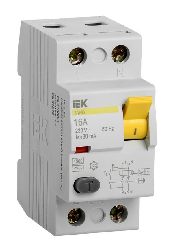 Выключатель дифф.тока УЗО IEK ВД1-63 MDV10-2-016-030 16A 30мА AC 2П 230В 2мод белый (упак.:1шт)