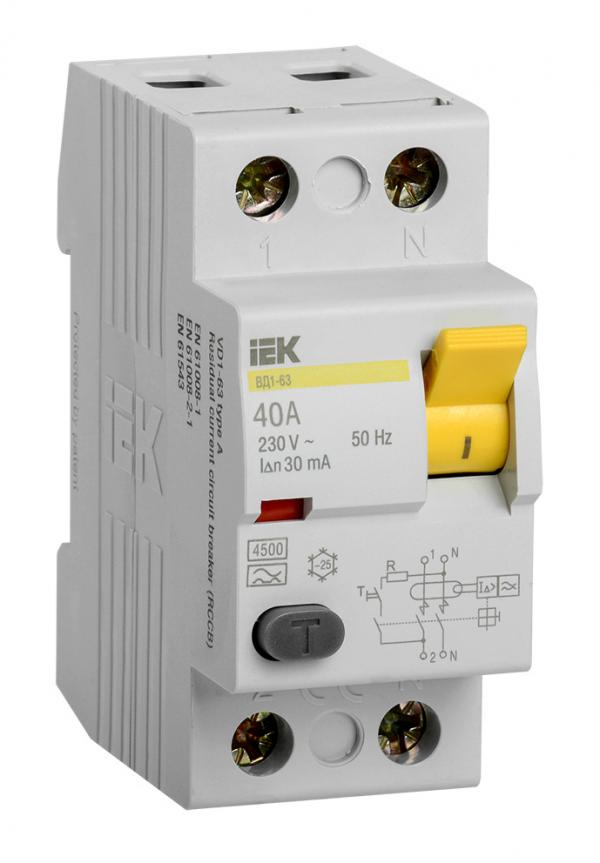 Выключатель дифф.тока УЗО IEK ВД1-63 MDV10-2-040-030 40A 30мА AC 2П 230В 2мод белый (упак.:1шт)