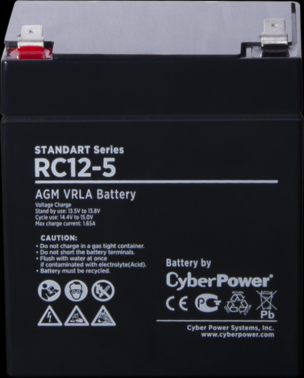 Аккумуляторная батарея SS CyberPower RC 12-5 / 12 В 5 Ач / CyberPower Standart Series RC 12-5 / Battery CyberPower Standart series RС 12-5, voltage 12V, capacity (discharge 20 h) 5Ah, max. discharge current (5 sec) 70A, max. charge current 1.65A, lead-acid type AGM, terminals F2, LxWxH 90x70x101mm., full height with terminals 107mm., weight 1.7kg., operational life 6 years