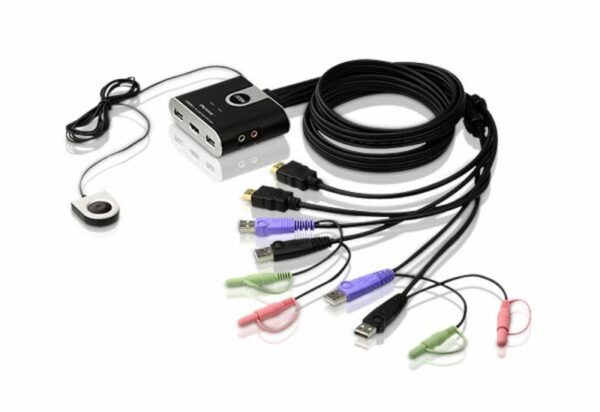 2-портовый KVM-переключатель со встроенными KVM кабелями (1,2м), 1 user(HDMI(Female)+2xAudio(Female)+2xUSB(Тип А Female), KVM-порты(HDMI(Male)+2xAudio(Male)+2xUSB(Тип A Male). Поддержка до (1920 x 1200) 1080p. Звук 2.1 / ATEN CS692 / PETITE 2 PORT USB2.0 HDMI KVM SWITCH.