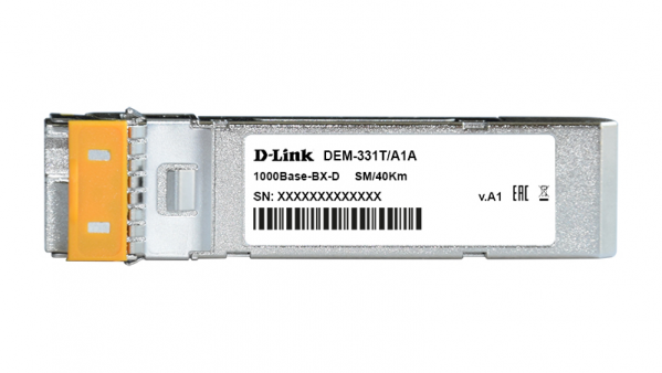 D-Link 331T/40KM/A1A, WDM SFP Transceiver with 1 1000Base-BX-D port.Up to 40km, single-mode Fiber, Simplex LC connector, Transmitting and Receiving wavelength: TX-1550nm, RX-1310nm, 3.3V power.