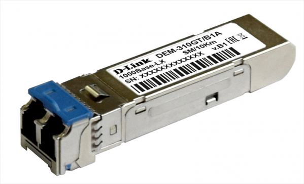 D-Link 310GT/B1A, SFP Transceiver with 1 1000Base-LX port.Up to 10km, single-mode Fiber, Duplex LC connector, Transmitting and Receiving wavelength: 1310nm, 3.3V power.