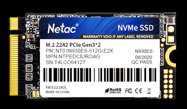 Netac SSD N930ES 512GB PCIe 3 x2 M.2 2242 NVMe 3D NAND, R/W up to 1650/1500MB/s, TBW 300TB, 3y wty