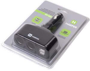 Разветвитель роз.прикуривателя Harper DP-033 2xSoc 2xUSB черный