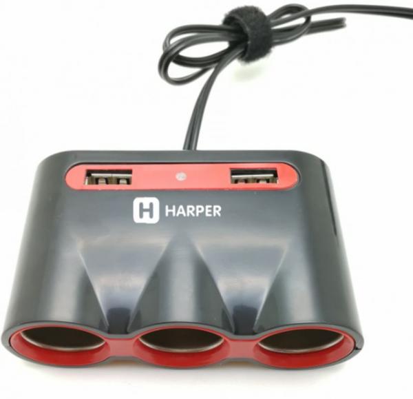 Разветвитель роз.прикуривателя Harper DP-330 3xSoc 2xUSB каб.:0.6м черный