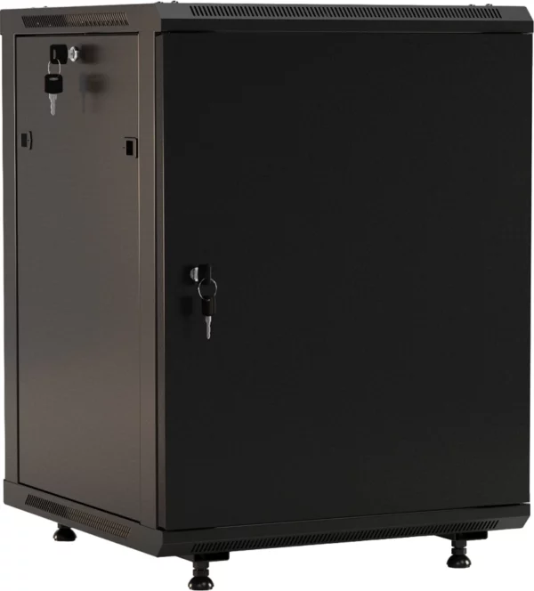 Шкаф коммутационный Hyperline (TWB-FC-1266-SR-RAL9004) настенный 12U 600x600мм пер.дв.металл задн.дв.спл.стал.лист 2 бок.пан. 60кг черный IP20