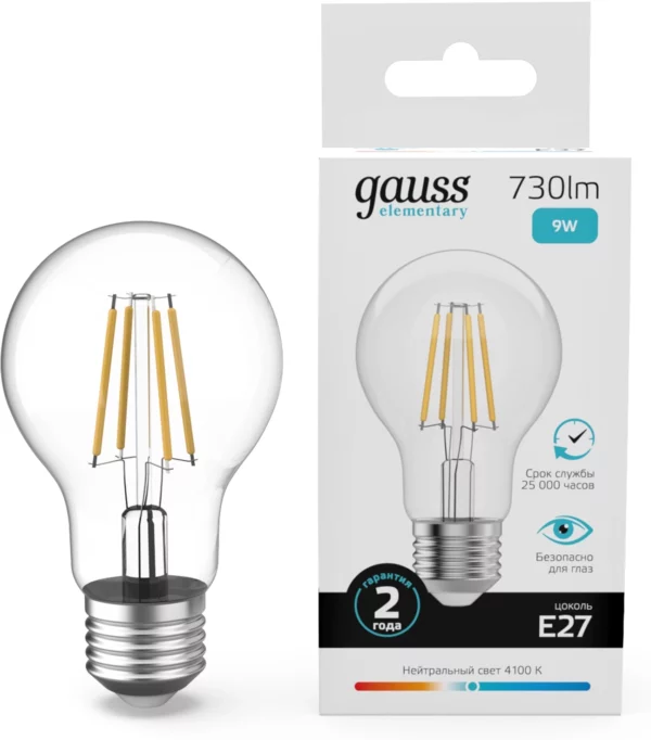 Лампа филам. Gauss Filament 9Вт цок.:E27 груша св.свеч.бел.нейт. (упак.:10шт) (22229)