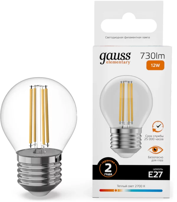 Лампа филам. Gauss Filament 12Вт цок.:E27 шар св.свеч.бел.теп. (упак.:10шт) (52212)