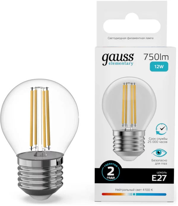 Лампа филам. Gauss Filament 12Вт цок.:E27 шар св.свеч.бел.нейт. (упак.:10шт) (52222)