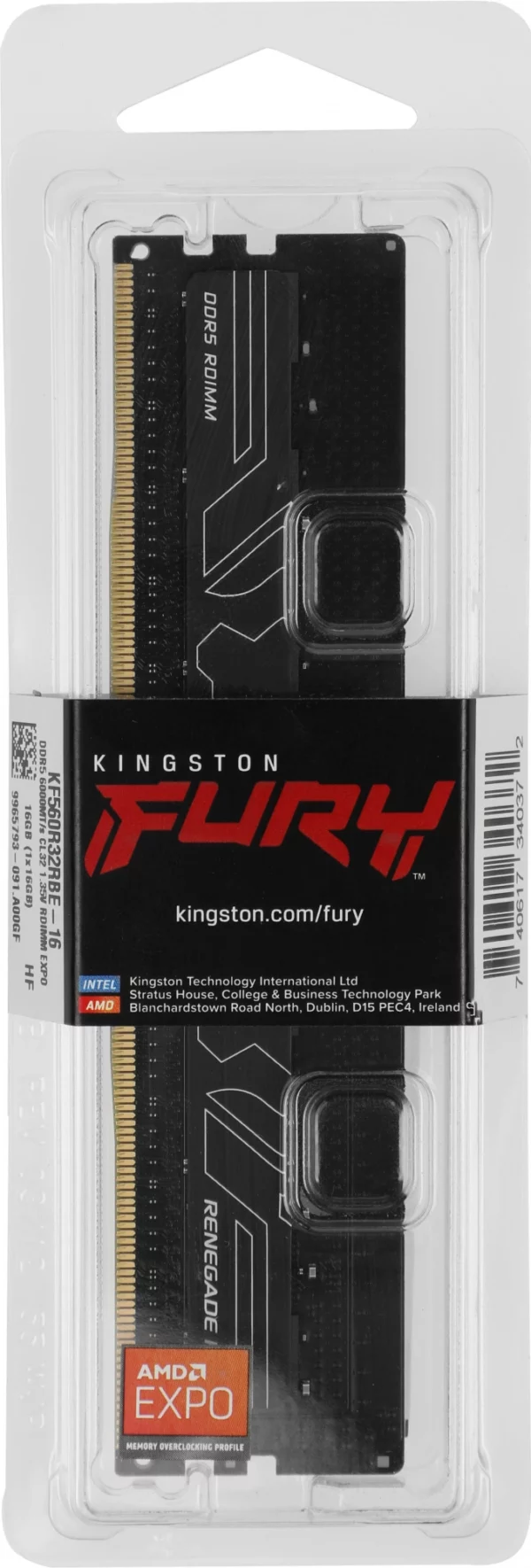 Память DDR5 16GB 6000MHz Kingston KF560R32RBE-16 Fury Renegade Pro Black Expo RTL PC5-44800 CL32 DIMM ECC 288-pin 1.35В single rank Ret