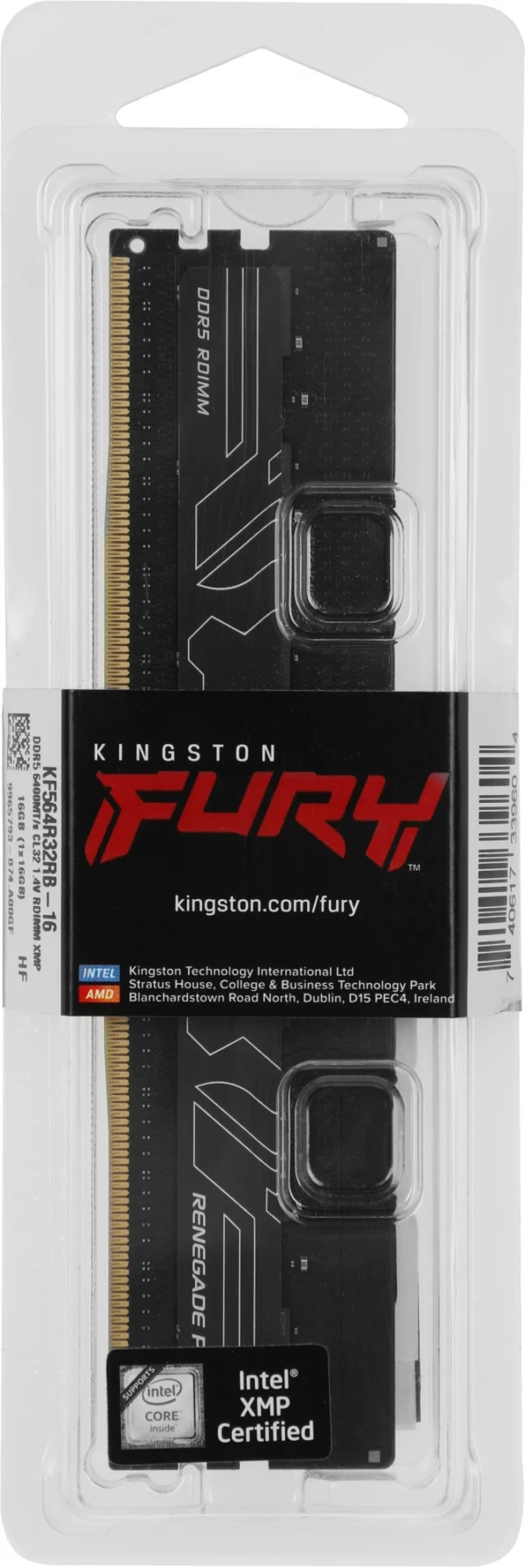 Память DDR5 16GB 6400MHz Kingston KF564R32RB-16 Fury Renegade Pro Black XMP RTL PC5-51200 CL32 DIMM ECC 288-pin 1.4В single rank Ret