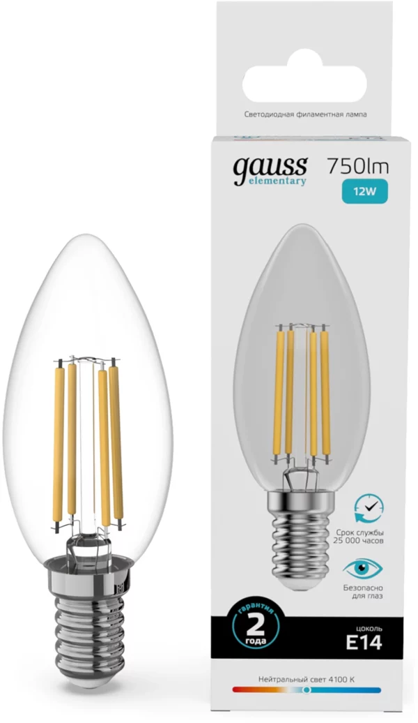 Лампа филам. Gauss Filament 12Вт цок.:E14 свеча 220B св.свеч.бел.нейт. (упак.:10шт) (32122)