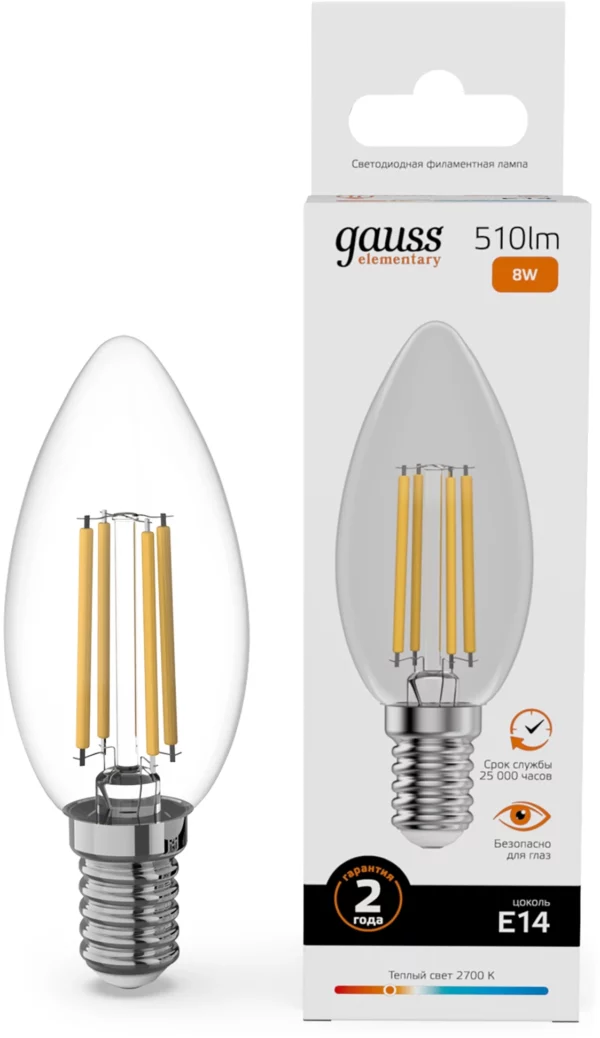 Лампа филам. Gauss Filament 8Вт цок.:E14 свеча 220B св.свеч.бел.теп. (упак.:10шт) (32118)