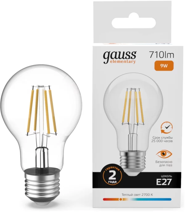 Лампа филам. Gauss Filament 9Вт цок.:E27 груша 220B св.свеч.бел.теп. (упак.:10шт) (22219)