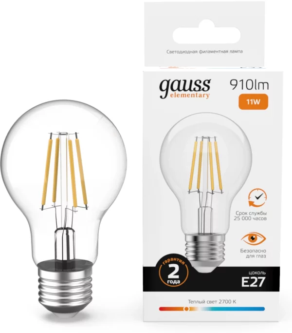 Лампа филам. Gauss Filament 11Вт цок.:E27 груша 220B св.свеч.бел.теп. (упак.:10шт) (22211)