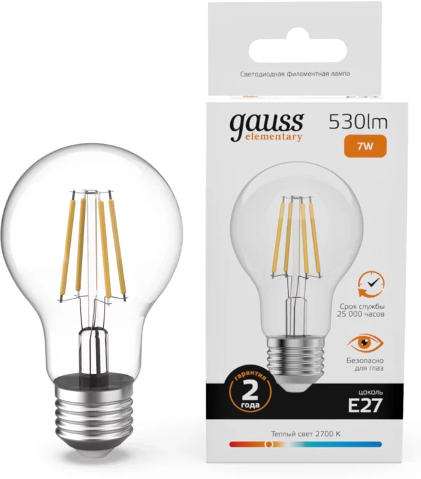 Лампа филам. Gauss Filament 7Вт цок.:E27 груша 220B св.свеч.бел.теп. (упак.:10шт) (22217)