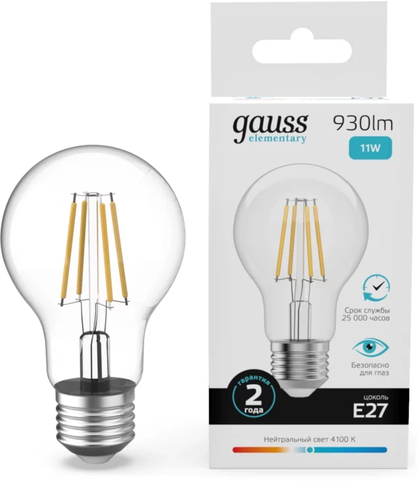 Лампа филам. Gauss Filament 11Вт цок.:E27 груша 220B св.свеч.бел.нейт. (упак.:10шт) (22221)