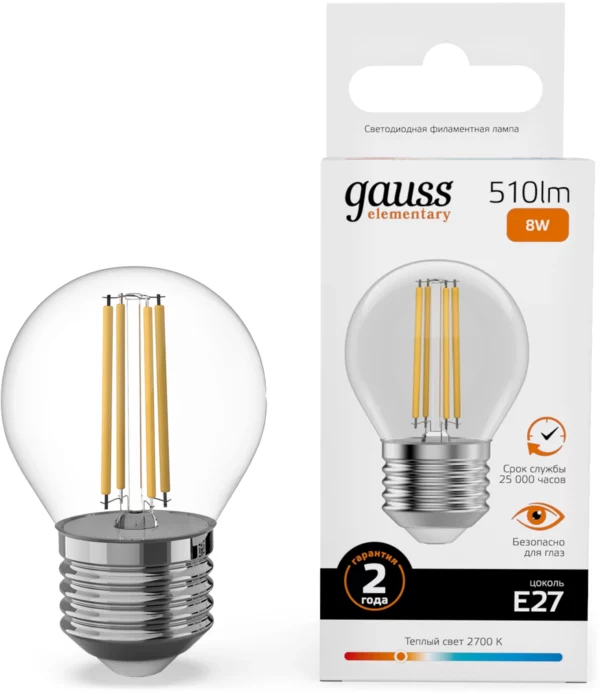 Лампа филам. Gauss Filament 8Вт цок.:E27 шар 220B св.свеч.бел.теп. (упак.:10шт) (52218)