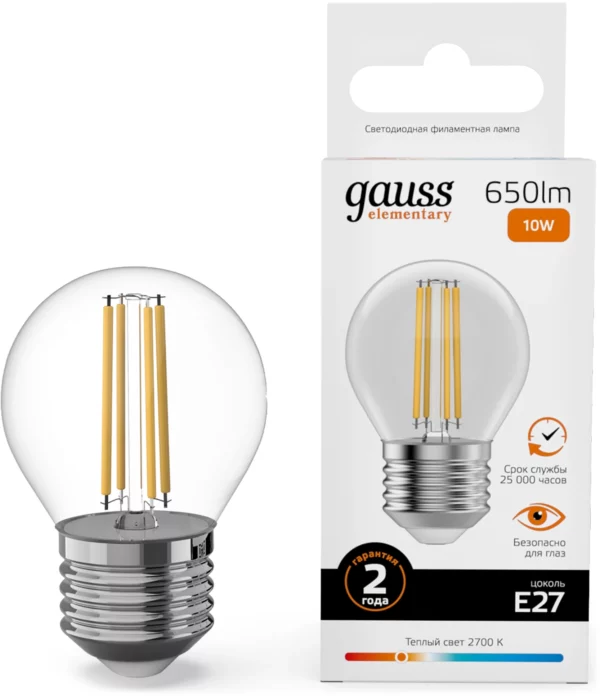 Лампа филам. Gauss Filament 10Вт цок.:E27 шар 220B св.свеч.бел.теп. (упак.:10шт) (52210)