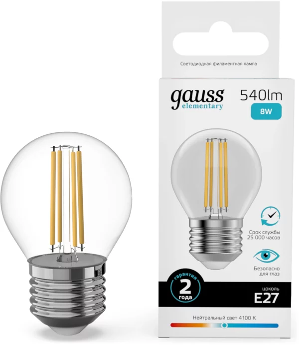 Лампа филам. Gauss Filament 8Вт цок.:E27 шар 220B св.свеч.бел.нейт. (упак.:10шт) (52228)