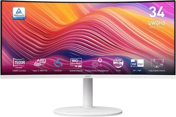 Монитор MSI 34" Modern MD342CQPW белый VA LED 21:9 HDMI M/M матовая HAS Piv 3500:1 300cd 178гр/178гр 3440x1440 120Hz DP UW USB 8.05кг