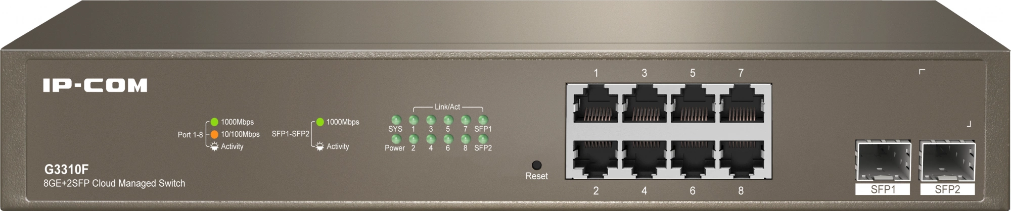 Коммутатор IP-Com G3310F (L2) 8x1Гбит/с 2xКомбо(1000BASE-T/SFP) 2SFP управляемый