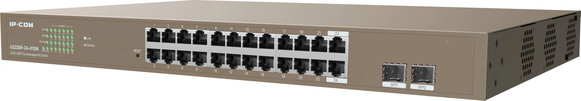 Коммутатор IP-Com G3326P-24-410W (L2) 24x1Гбит/с 2xКомбо(1000BASE-T/SFP) 2SFP 24PoE 370W управляемый
