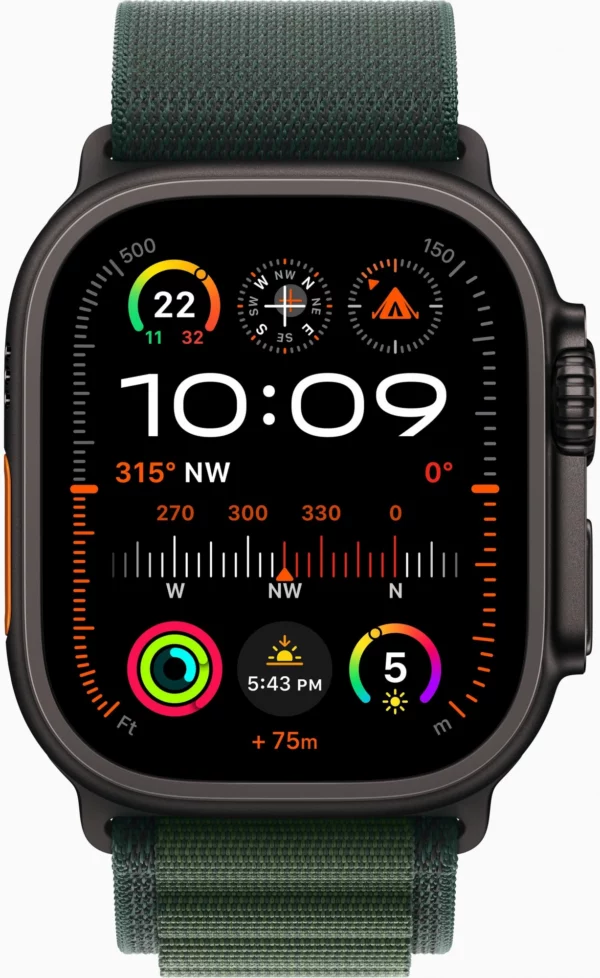 Смарт-часы Apple Watch Ultra 2 2024 A2986 49мм OLED корп.черный титан Alpine loop рем.темно-зеленый разм.брасл.:145-190мм (MX4R3LW/A)