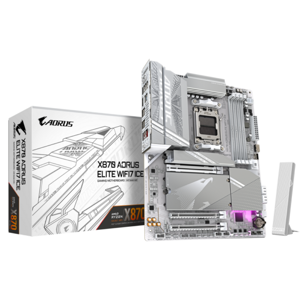 Материнская плата / GIGABYTE X870 AORUS ELITE WIFI7 ICE / Материнская плата/ X870 AORUS ELITE WIFI7 ICE, Socket AM5, AMD X870, 4xDDR5-5200, HDMI, 3xPCI-Ex16, 4xSATA3(RAID 0/1/10), 4xM.2, 6 Ch Audio, 1x2,5GLan, (4+4)xUSB2.0, (6+2)xUSB3.2, (2+1)xUSB Type-C™, ATX, RTL