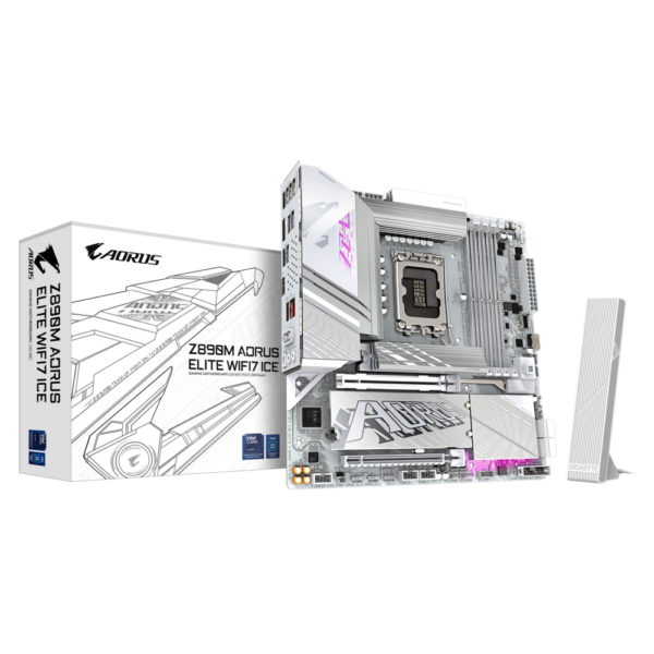 Материнская плата / GIGABYTE Z890M AORUS ELITE WIFI7 ICE / Материнская плата/ Z890M AORUS ELITE WIFI7 ICE, Socket 1851, Intel®Z890, 4xDDR5-6400, DP, 2xPCI-Ex16, 4xSATA3(RAID 0/1/5/10), 3xM.2, 8Ch Audio, 1x2.5GbLan, WiFi, (4+4)xUSB2.0, (5+2)xUSB3.2, (1+1)xUSB Type-C™, mATX, RTL