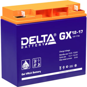 Батарея DELTA серия GX, GX 12-17, напряжение 12В, емкость 17Ач (разряд 20 часов), макс. ток разряда (5 сек.) 225А, макс. ток заряда 3.36А, свинцово-кислотная типа GEL, клеммы под гайку и болт M6, ДxШxВ 181х77х167мм., вес 5.5кг., срок службы 15 лет. / Delta GX 12-17 (12V / 17Ah) / Батарея DELTA серия GX, GX 12-17, напряжение 12В, емкость 17Ач (разряд 20 часов), макс. ток разряда (5 сек.) 225А, макс. ток заряда 3.36А, свинцово-кислотная типа GEL, клеммы под гайку и болт M6, ДxШxВ 181х77х167мм., вес 5.5кг., срок службы 15 лет./ Battery DELTA series GX, GX 12-17, voltage 12V, capacity 17Ah (discharge 20 hours), max. discharge current (5 sec.) 225A, max. charge current 3.36A, lead-acid type GEL, terminals for nut and bolt M6, LxWxH 181x77x167mm., weight 5.5kg., service life