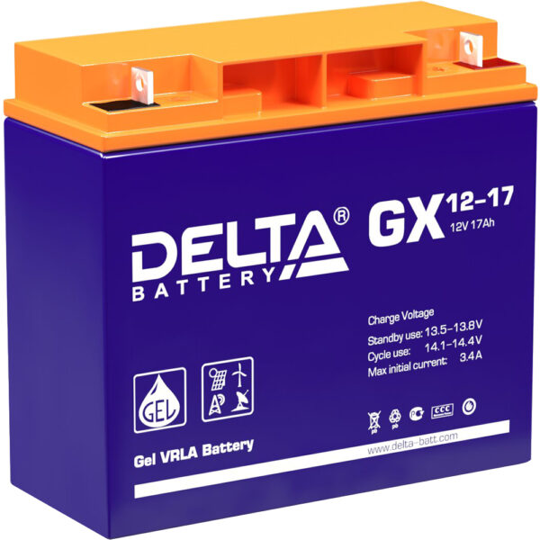 Батарея DELTA серия GX, GX 12-17, напряжение 12В, емкость 17Ач (разряд 20 часов), макс. ток разряда (5 сек.) 225А, макс. ток заряда 3.36А, свинцово-кислотная типа GEL, клеммы под гайку и болт M6, ДxШxВ 181х77х167мм., вес 5.5кг., срок службы 15 лет. / Delta GX 12-17 (12V / 17Ah) / Батарея DELTA серия GX, GX 12-17, напряжение 12В, емкость 17Ач (разряд 20 часов), макс. ток разряда (5 сек.) 225А, макс. ток заряда 3.36А, свинцово-кислотная типа GEL, клеммы под гайку и болт M6, ДxШxВ 181х77х167мм., вес 5.5кг., срок службы 15 лет./ Battery DELTA series GX, GX 12-17, voltage 12V, capacity 17Ah (discharge 20 hours), max. discharge current (5 sec.) 225A, max. charge current 3.36A, lead-acid type GEL, terminals for nut and bolt M6, LxWxH 181x77x167mm., weight 5.5kg., service life