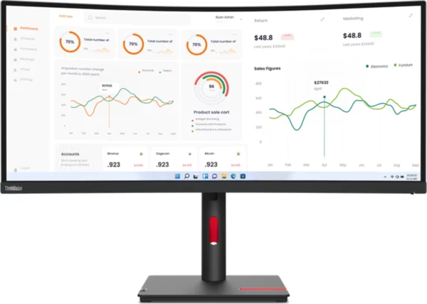 Монитор Lenovo 34" ThinkVision T34w-30 черный IPS LED 4ms 21:9 HDMI M/M матовая HAS Piv 3000:1 350cd 178гр/178гр 3440x1440 60Hz DP QHD USB 9.5кг