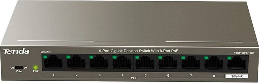 Коммутатор Tenda TEG1109P-8-102W (L2) 9x1Гбит/с 8PoE 92W неуправляемый
