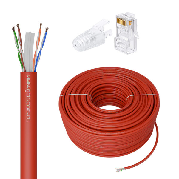 Кабель LAN cat.6 в бухте / GreenConnect GCR-55783 / GCR Кабель LAN DIY витая пара 50m в бухте, LSZH UTP кат.6, CCA, красный + Коннектор RJ-45 cat.6 UTP 8p8c сборный 20шт. в комплекте, GCR-55783