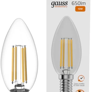 Лампа филам. Gauss Filament 10Вт цок.:E14 свеча 220B св.свеч.бел.теп. (упак.:10шт) (32110)
