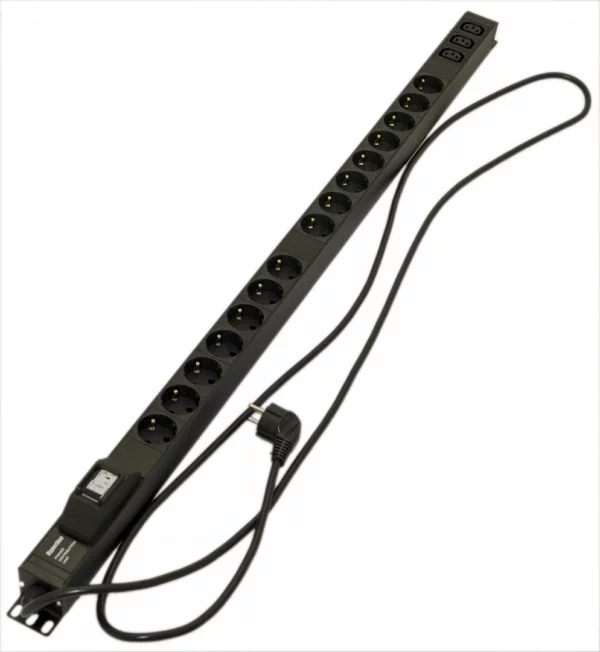 Блок распределения питания Hyperline SHE-15SH-3IEC-B-2.5EU верт.размещ. 15xSchuko 3xC13 базовые 16A Schuko 2.5м