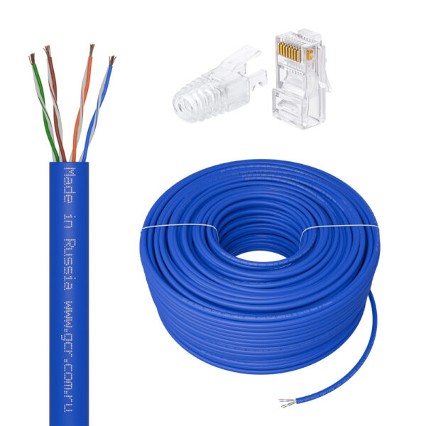 Кабель LAN cat.5е / GreenConnect GCR-55785 / GCR Кабель LAN DIY витая пара 50m в бухте, LSZH UTP кат.5e, CCA, синий + Коннектор RJ-45 cat.5e UTP 8p8c сборный 20шт. в комплект, GCR-55785