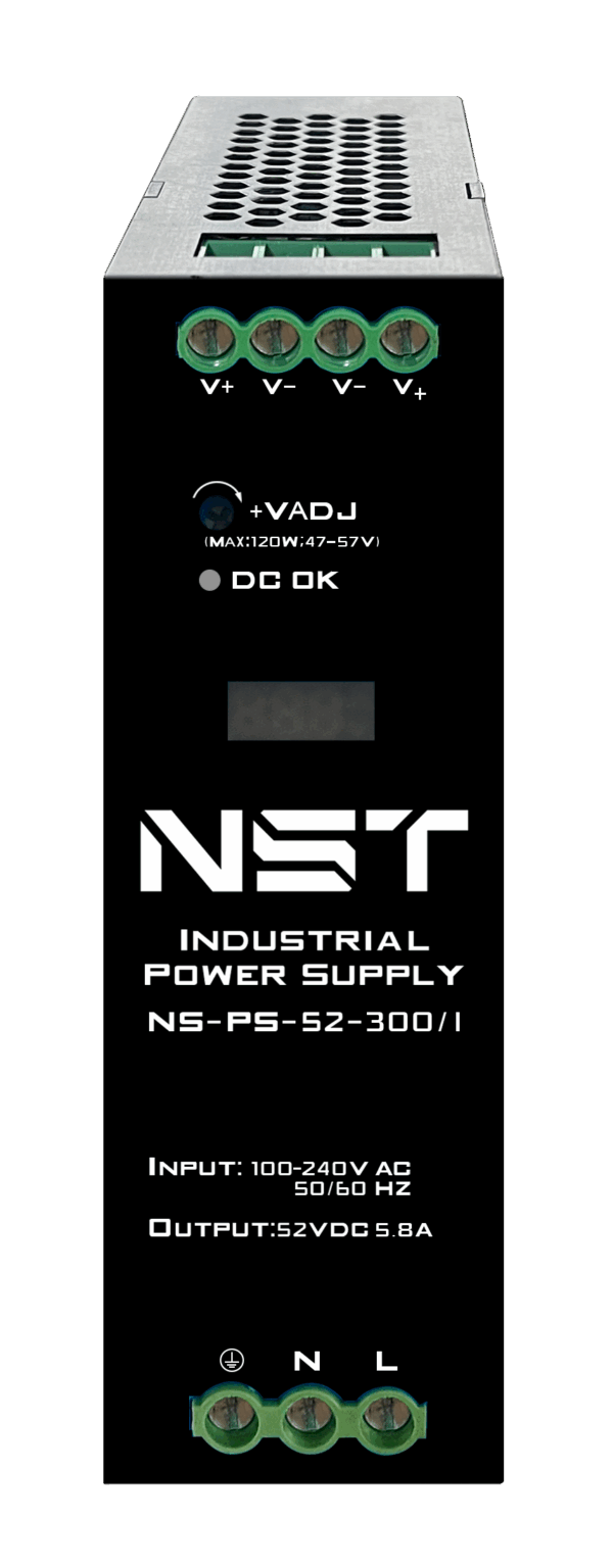 Промышленный блок питания / New System Technologies NS-PS-52-300/I / Промышленный блок питания DC52V, 300W. Выходной ток до 5,8A. Регулировка выходного напряжения в диапазоне DC50-57V Диапазон входных напряжений AC100-265V. Цифровой индикатор выходного напряжения и тока. Защита от короткого замыкания, перенапряжения и перегрузки. Конвекционная система охлаждения. Монтаж на DIN-рейку. Размеры (ШxВxГ) 40x158x125мм. Рабочая температура -40...+80°C.