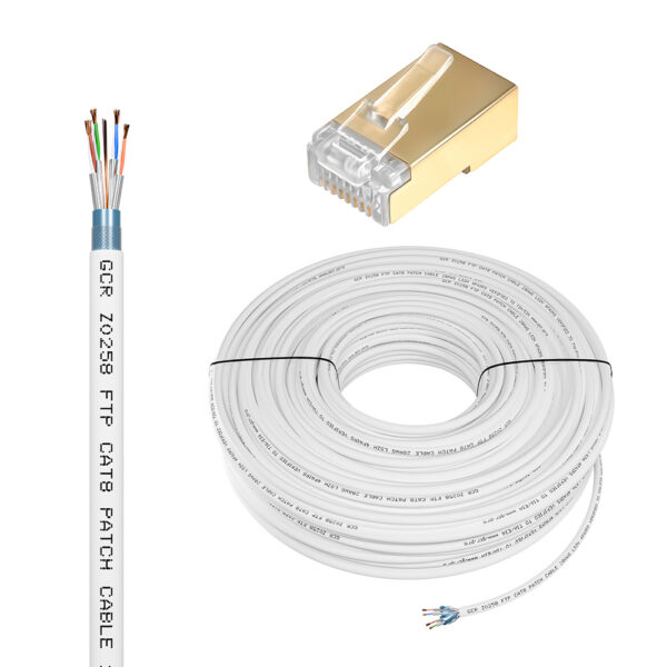 Кабель LAN cat.8 в бухте / GreenConnect GCR-56769 / GCR Кабель LAN DIY витая пара 100m в бухте, LSZH SF/FTP кат.8, медь, белый + Коннектор RJ-45 8p8c 50шт. в комплекте, GCR-56769