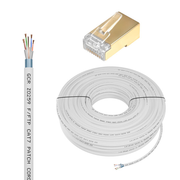Кабель LAN cat.7 в бухте / GreenConnect GCR-56768 / GCR Кабель LAN DIY витая пара 50m в бухте, FTP кат.7, медь, белый + Коннектор RJ-45 8p8c 20шт. в комплекте, GCR-56768