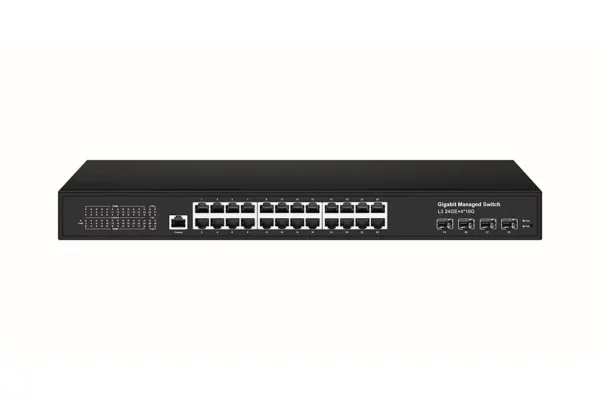 Управляемый L3 коммутатор Gigabit Ethernet / NST NS-SW-24G4G10-L / Управляемый L3 коммутатор Gigabit Ethernet на 24xRJ45 + 4x10G SFP+ Uplink. Порты 24 x GE (10/100/1000Base-T) + 4 x 10G SFP+ Uplink, Консольный порт, Уровень управления L3 (Full managed), Поддержка Jumbo Frame 10K, IGMP Snooping, Монтаж в 19" стойку, крепление в комплекте. Встроенная грозозащита 3kV на порт. Питание AC90-253V (410W). Встроенный БП. Монтаж в 19 - дюймовую стойку, крепление в комплекте. Размеры (ШхВхГ) 440x45x290мм. Рабочая температура -20…+55°С.