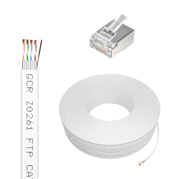 Кабель LAN cat.8 в бухте / GreenConnect GCR-56783 / GCR Кабель LAN DIY витая пара плоский 50m в бухте, LSZH FTP кат.8, медь, белый + Коннектор RJ-45 8p8c 20шт. в комплекте, GCR-56783