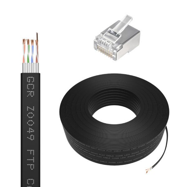 Кабель LAN cat.7 в бухте / GreenConnect GCR-56762 / GCR Кабель LAN DIY витая пара плоский 100m в бухте, FTP кат.7, медь, LSZH, черный + Коннектор RJ-45 cat.7 8p8c 50шт. в комплекте, GCR-56762