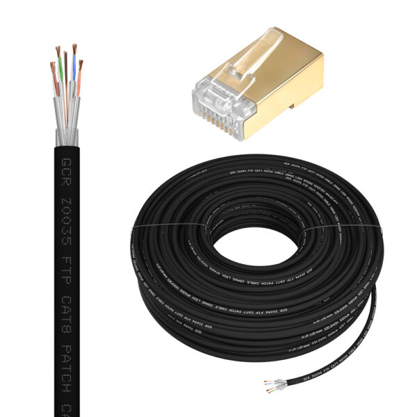Кабель LAN cat.8 в бухте / GreenConnect GCR-56772 / GCR Кабель LAN DIY витая пара 50m в бухте, LSZH SF/FTP кат.8, медь, черный + Коннектор RJ-45 8p8c 20шт. в комплекте, GCR-56772