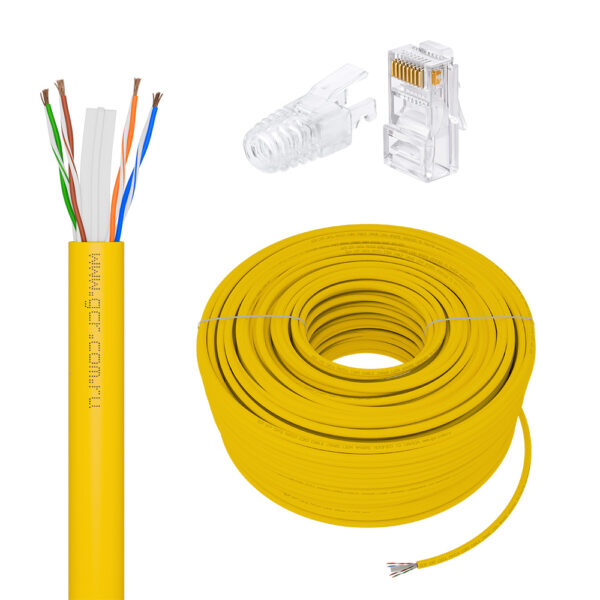 Кабель LAN cat.6 в бухте / GreenConnect GCR-55781 / GCR Кабель LAN DIY витая пара 50m в бухте, LSZH UTP кат.6, CCA, желтый + Коннектор RJ-45 cat.6 UTP 8p8c сборный 20шт. в комплекте, GCR-55781
