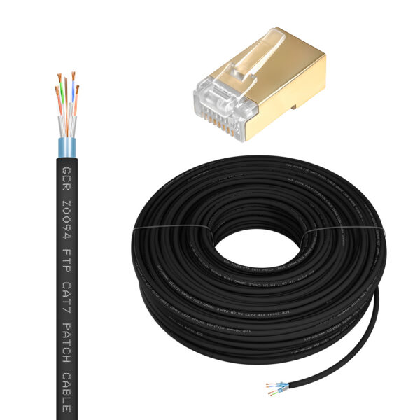 Кабель LAN cat.7 в бухте / GreenConnect GCR-56765 / GCR Кабель LAN DIY витая пара 100m в бухте, FTP кат.7, медь, черный + Коннектор RJ-45 8p8c 50шт. в комплекте, GCR-56765