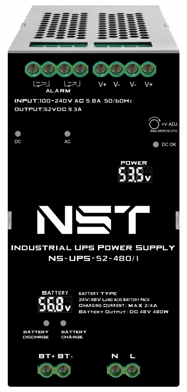 Промышленный блок питания / New System Technologies NS-UPS-52-480/I / Промышленный блок питания/ Промышленный блок питания с функцией ИБП на 480W. Входное напряжение AC100-265V. Выходное напряжение DC 52V. Регулировка выходного напряжения DC50-57V. Максимальная выходная мощность в режиме заряда батарей - 480W. Выходное напряжение в режиме ИБП 48V. Поддерживаемые батареи Свинцово-кислотные батарейные сборки 48V. Максимальная емкость - 100Ah. Автоматическое управление зарядом батарей. Максимальный ток заряда - 4A. Защита от перегрузки, перенапряжения, короткого