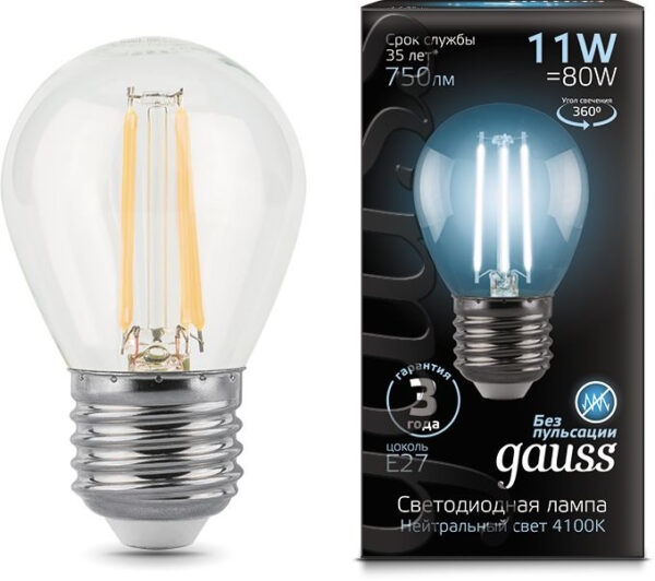 Лампа филам. Gauss 11Вт цок.:E27 шар 220B 4100K св.свеч.бел.ней. G45 (упак.:10шт) (105802211)